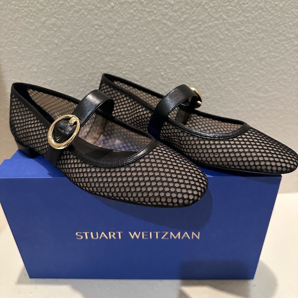 Stuart Weitzman Black Mesh Mary Jane Flats with Gold Buckle Accent